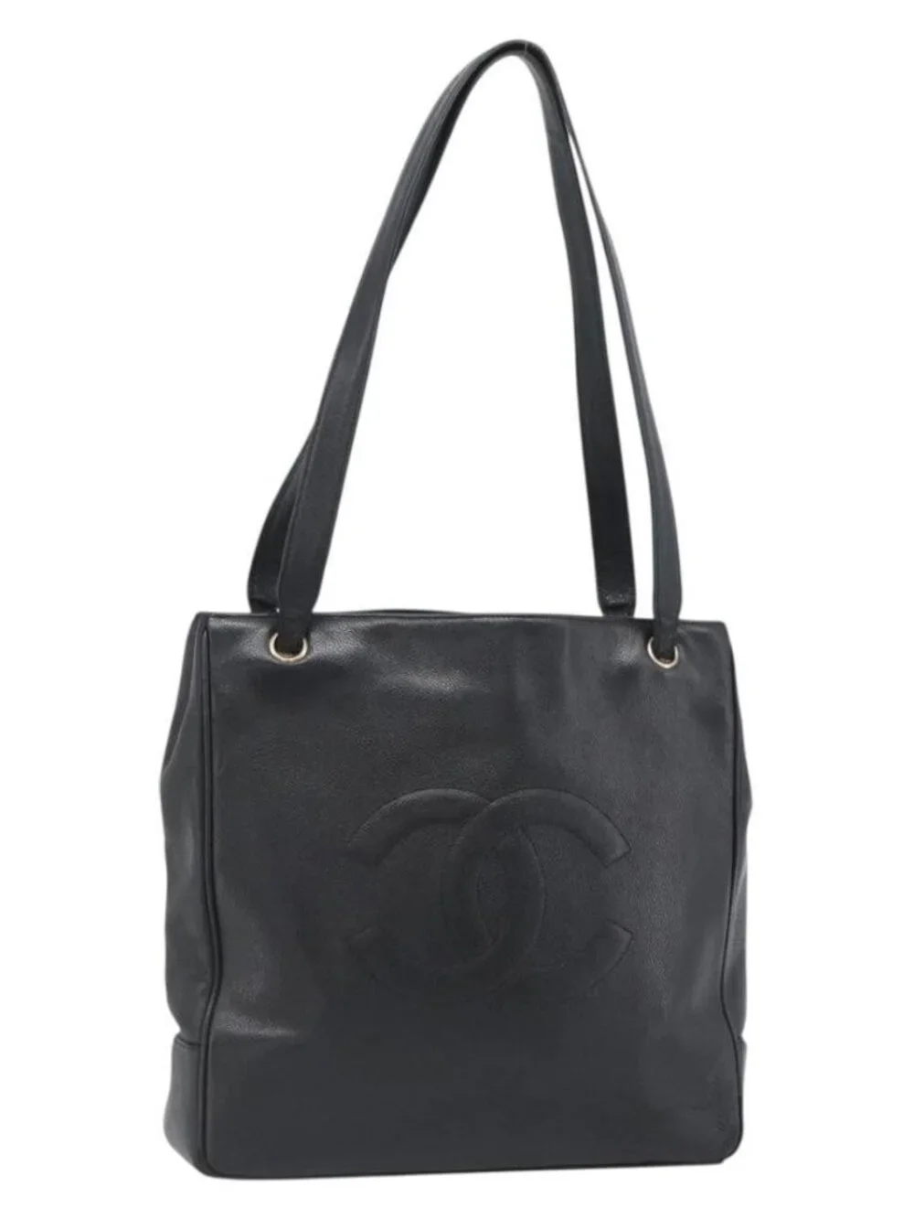 CHANEL COCO Mark Tote Bag Grained Calf Skin Black Gold CC Auth bs20388
